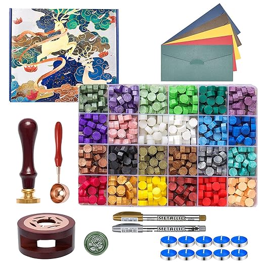 Wax Seal Stamp Kit - 630 Pcs Wax Beads, Gift Box, Warmer, Metallic Pens, Envelopes, Stamp Set for Gifts & Decoration