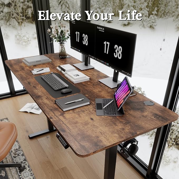 Monomi 71" Electric Standing Desk for Home Office - Large 1.8-Meter Adjustable Height Desk, 176 lbs Capacity, 4 Memory Presets, Quiet Motor & Anti-Collision (Rustic Brown/Black)