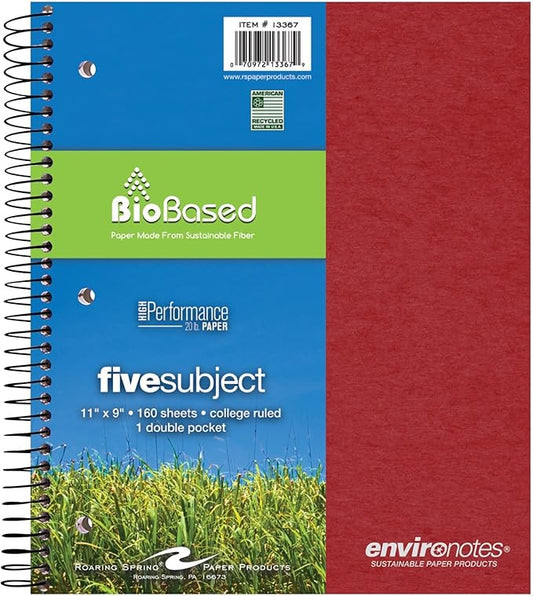 Roaring Spring Environotes Recycled Spiral Notebook, 5 Subject, 11" x 9", 160 Perforated Sheets, 20 lb Bio-Based Paper, College Ruled w/ Margin, Assorted Earthtone Covers, Double Pocket, 4 Dividers, Made in USA