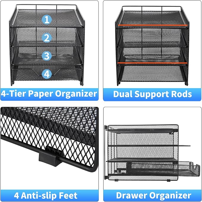 OPNICE Desk Organizers and Accessories, 4-Tier Desktop File Organizer with Drawer, Office Desk Accessories & Workspace Organizers for Office, Home Supplies(Black)