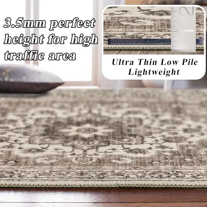 4x5 Area Rugs for Living Room: Perfect for Bedroom Kitchen Kids Room Nursery - Stain & Water Resistant Non-Slip Pet & Child Friendly Vintage Carpet (Beige, 4x5)