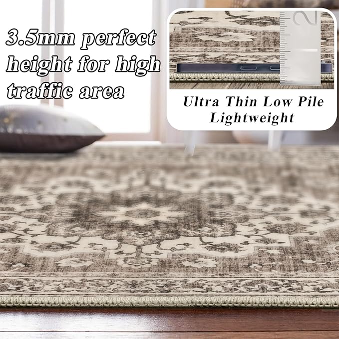 Dining Room Rugs for Under Table - Washable 6x8 Area Rug for Living Room Bedroom Soft Low Pile Non Slip Stain Resistant Carpet - Perfect for Homes with Pets & Kids (Beige, 6x8)