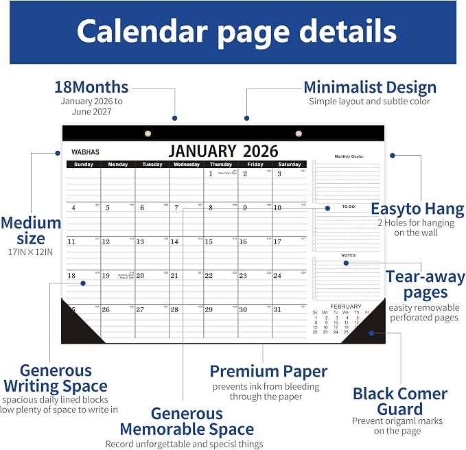 Desk Calendar 2026,January 2026 to June 2027,2026 Desk Calendar with to-do list,Calendar 2026-2027-18 Months,2026 Calendar 17" x 12" for Home or Office.