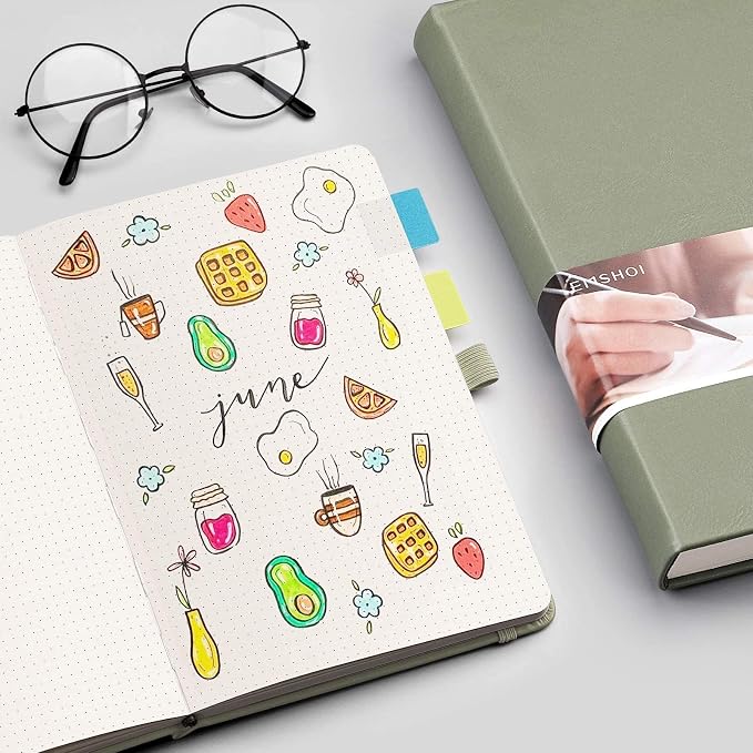 EMSHOI Dotted Journal Notebook, 256 Pages, 120 GSM Thick Paper, A5 Small 5.75"x8.38", PU Leather Hardcover, 5mm Dot Grid Notebook for Journaling, Planning, Drawing, Writing, Green