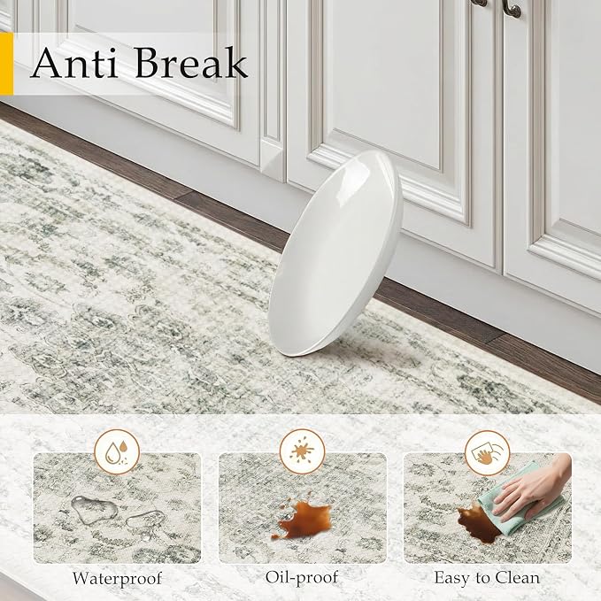 Anti Fatigue Kitchen Mats 2PCS Green Neutral Mats for Cushioned Vintage Kitchen Matss for Floor Non-Slip Waterproof Comfort Standing Rug for Sink Laundry Office 17.3"×47"+17.3"×30"