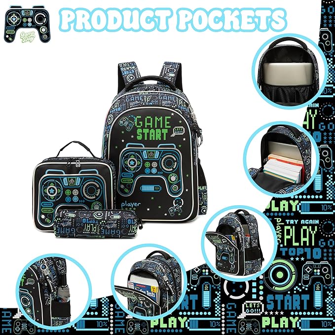 Game School Backpack for Boys Backpacks Ages 8-10 with Lunch Box Set Black Bookbag for Boys Backpack for Kids Backpacks Lightweight Elementary Back to School Supplies Kit