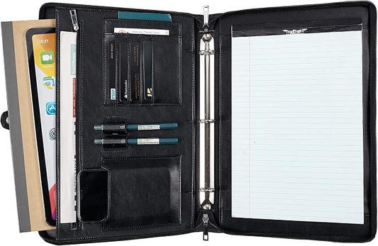 Vegan Leather Portfolio Binder, 3 Ring Binder Padfolio for Women, Black Leather Binder Leather Folder, Handmade Portfolio Oranizer, Personalized Resume Portfolio Folder (Black, Custom)