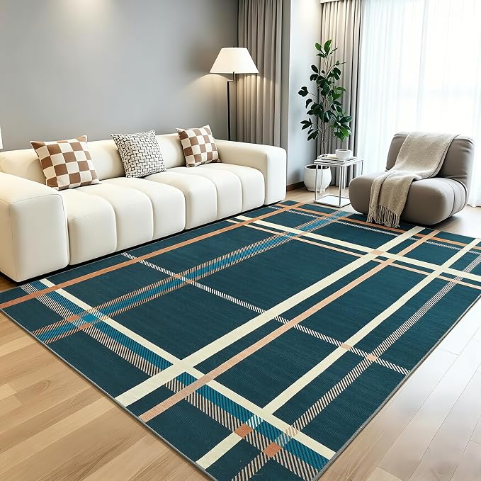 Terrug Plaid Area Rug for Living Room, Blue 5x7 Checkered Rugs Washable with Non Slip for Bedroom, Soft Low Pile Stain Resistance Abstract Carpet for Dinning Room