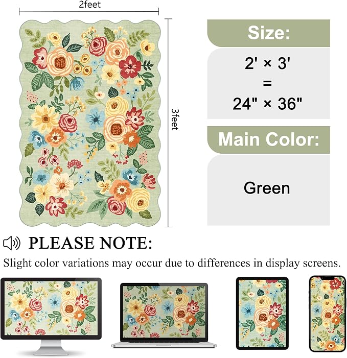 DUKINO 2x3 Entryway Rug, Floral Washable Indoor Door Mat with Non-Slip Backing, Soft Low Pile Small Front Door Throw Rugs for Entryway, Kitchen, Bedroom, Laundry, Bathroom, Green