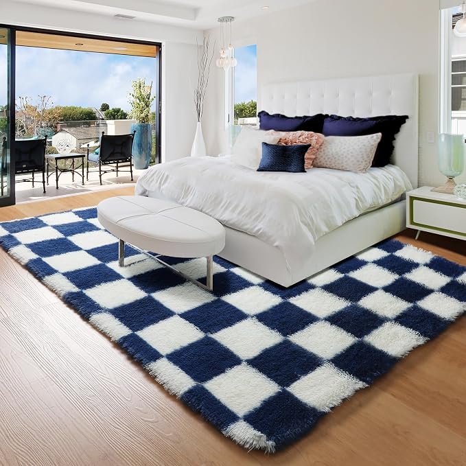 KICMOR Living Room Rug 5x7 Checkered Fluffy Area Rug, Navy Blue and Cream White Fuzzy Shag Shaggy Bedroom Carpets, Soft Plush Indoor Floor Rug for Kids Boys Girls Room Nursery Playroom Home Decor