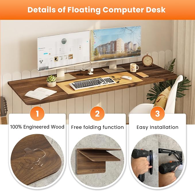 IAE Wall Mounted Floating Foldable Desk, 48" x 22" Folding Computer Workstation Table with Engineered Wood and Metal Shelf Brackets,Fold&Floating Design for Home Office, Apartment,Laundry Room,Walnut