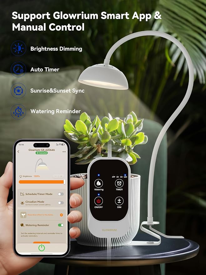 GLOWRIUM Smart Grow Lights for Indoor Plants,10W Full Spectrum Plant Lights with Bluetooth App Control, 360° Flexible Gooseneck Grow Lamp, Auto Timer 3/9/12Hrs, 10 Brightness for Small Plants (White)