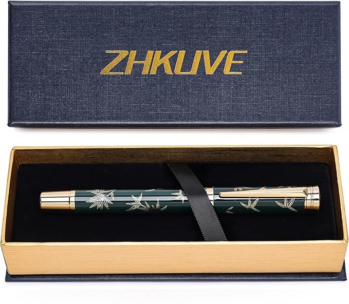 ZHKUVE Luxury Rollerball Pen,Stunning Green Lacquer with bamboo leaf patterns,Switzerland Tip with Black Ink Refills, Elegant Gift Set For Men & Women, Executive Writing, Nice Fancy