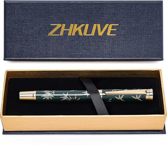 ZHKUVE Luxury Rollerball Pen,Stunning Green Lacquer with bamboo leaf patterns,Switzerland Tip with Black Ink Refills, Elegant Gift Set For Men & Women, Executive Writing, Nice Fancy