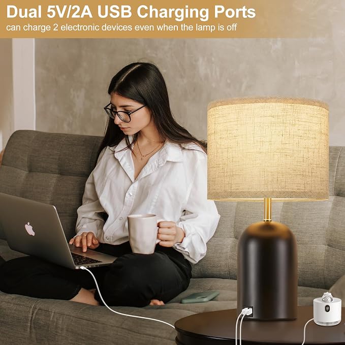 GyroVu Bedside Lamps with USB C+A Charging Ports, Table Lamp Touch Control Dimmable Modern Lamp for Bedroom Lamps for Night Stands with Fabric Shade for Living Room Office Dorm (LED Bulbs Included)
