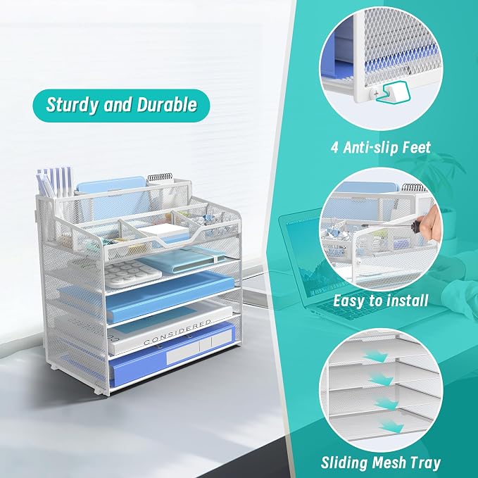 5 Tier Mesh Paper Desk Organizer with Pen Holders, White | Features 3 pen holders, and 5 adjustable compartments for office school home desk storage