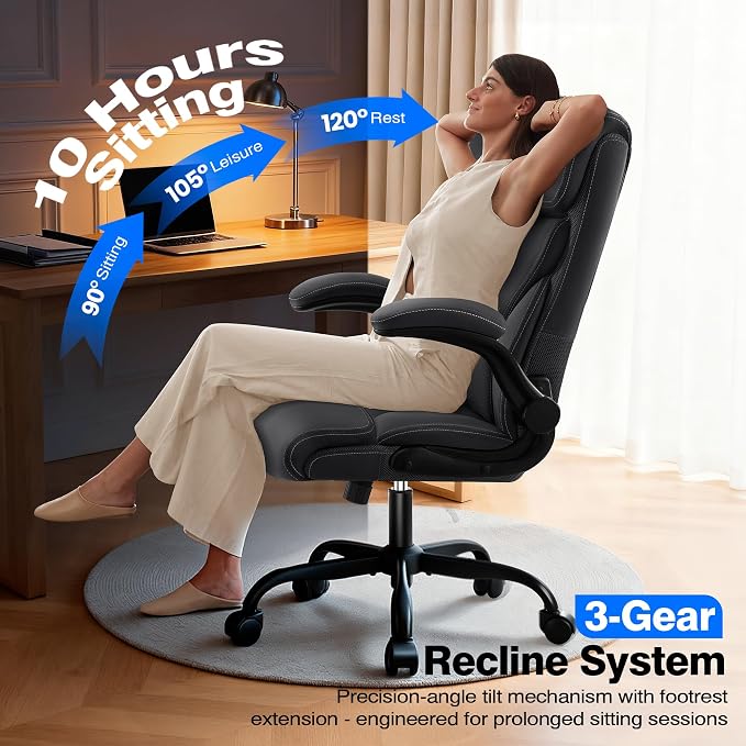 AreShark Executive Office Chair - 400lbs Heavy Duty Ergonomic Desk Chair with Comfy Cushion, High Back Breathable Leather Computer Chair with Flip-up Arms & Rocking Function for Home Office