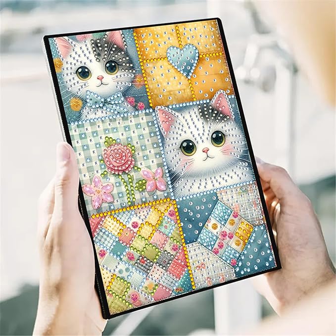 FRANDEK Diamond Art Painting Notebook Kit, Plaid Cat A5 DIY Journal with 50 Blank Pages, Crystal Rhinestone Cover with Waterproof Canvas, Beginner Craft Set with Full Tools for Adults