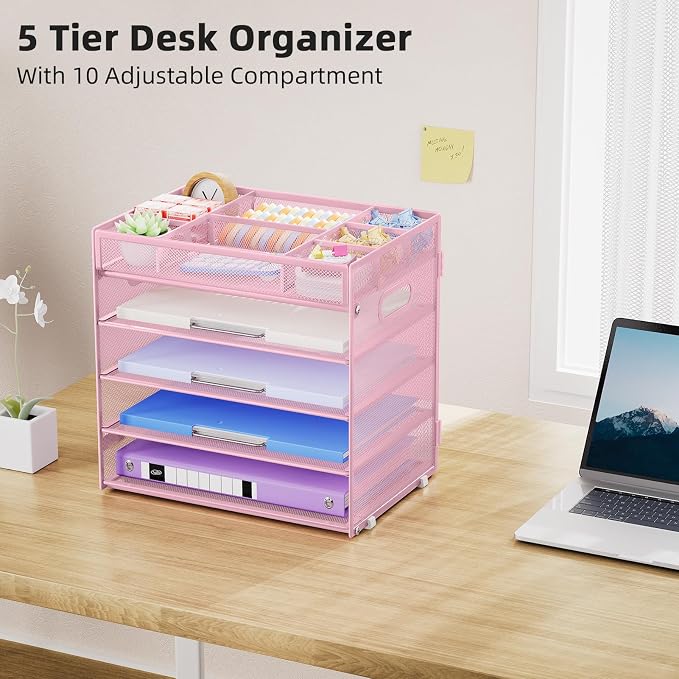 Marbrasse 5 Tier Paper Organizer, Mesh Desk Letter Tray with Handle,Pink | Paper Sorter Desk Organizer for Letter/A4 Office File Folder Holder Home Office Supplies