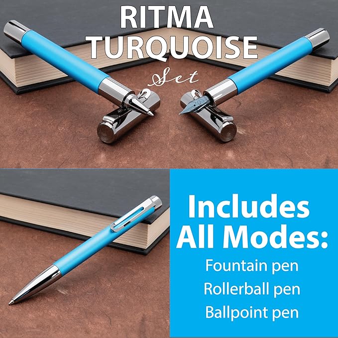 Monteverde Ritma 3+2 Piece Gift Set, Turquoise - Includes Fine Nib Fountain Pen, Rollerball, Ballpoint, 30ml Ink & Refill - Elegant Writing Set for Professionals & Collectors