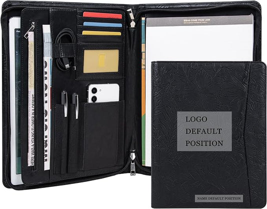Free Engraved Name, Personalized PU Leather Portfolio, Embossed Resume Padfolio Folder with A4 Size Clipboard, Professional Business Organizer Folio, Gift for Women/Men, Customized(Black)