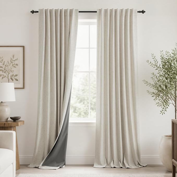 KOUFALL 92 Inch Linen Blackout Curtains for Living Room, Farmhouse Boho Black Out Room Darkening Drapes for Bedroom, 92 in Length, Light Oatmeal