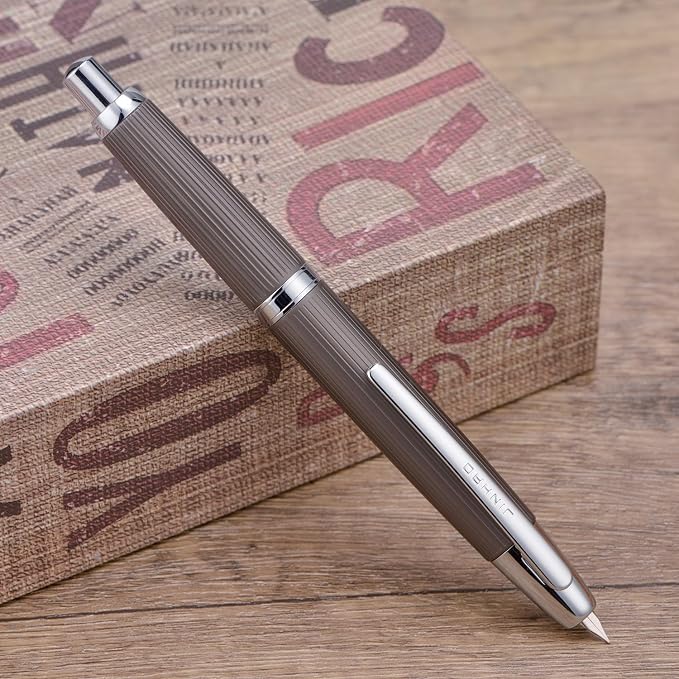 Jinhao 10 Press Fountain Pen with Box, Brushed Matt Gray Retractable Medium Nib with Ink Converter Set (Silver Clip)