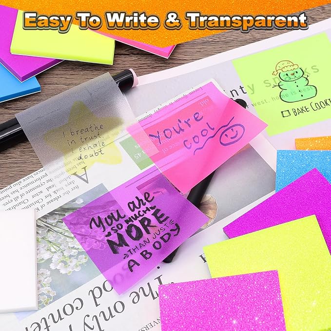 Transparent Sticky Notes 600 Sheets, Frosted Glitter Gummy 3x3 Inch, High Glass-Like Clear See Through Post Self-Adhesive Notes for Women Office School Teacher Planer Bible Supplies 12 Pads