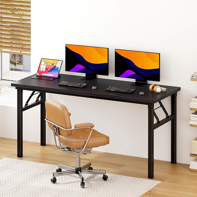 sogesfurniture 62 inches Foldable Computer Desk, No Assembly Sturdy Large Laptop Workstation for Home Office, Modern Portable Folding Study Table Writing Gaming Desk for Small Spaces, Black