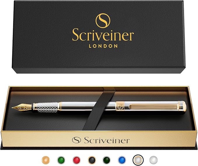 Scriveiner Silver Chrome Fountain Pen - Stunning Luxury Pen, Real Gold Finish, Schmidt Gilded Nib (Extra Fine), Best Gift Set for Men & Women Professional Executive Office Nice Designer Pen