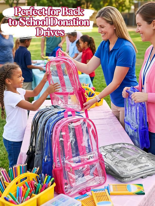 MADHOLLY 8 Pack Bulk Clear Backpack for School - 17" Large Transparent Bookbag for Kids/Girls/Boys/Charity/Stadium/Back to School Supplies, with Front and Side Bottle Pockets
