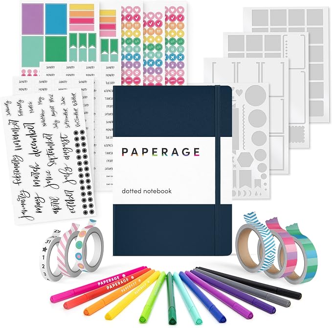 PAPERAGE Bullet Journal Kit, Dotted Journaling Set & Stationary Kit, Hardcover Dotted Journal Notebook (Navy), 12 fineliner Pens, 8 Sticker & 3 Stencil Sheets, 6 Washi Tapes