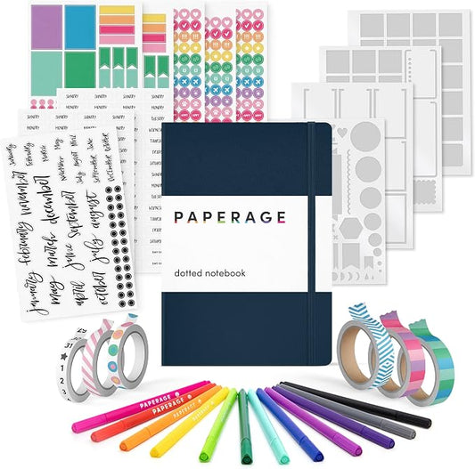 PAPERAGE Bullet Journal Kit, Dotted Journaling Set & Stationary Kit, Hardcover Dotted Journal Notebook (Navy), 12 fineliner Pens, 8 Sticker & 3 Stencil Sheets, 6 Washi Tapes