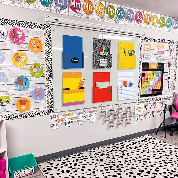 Gilprop 6 Pcs Assorted School Style Magnetic File Folder Holder Pocket File Organizer Classroom Decor Teacher Desk Accessories for Whiteboard Mail Paper Book No Drilling Desk Door Classroom Essential