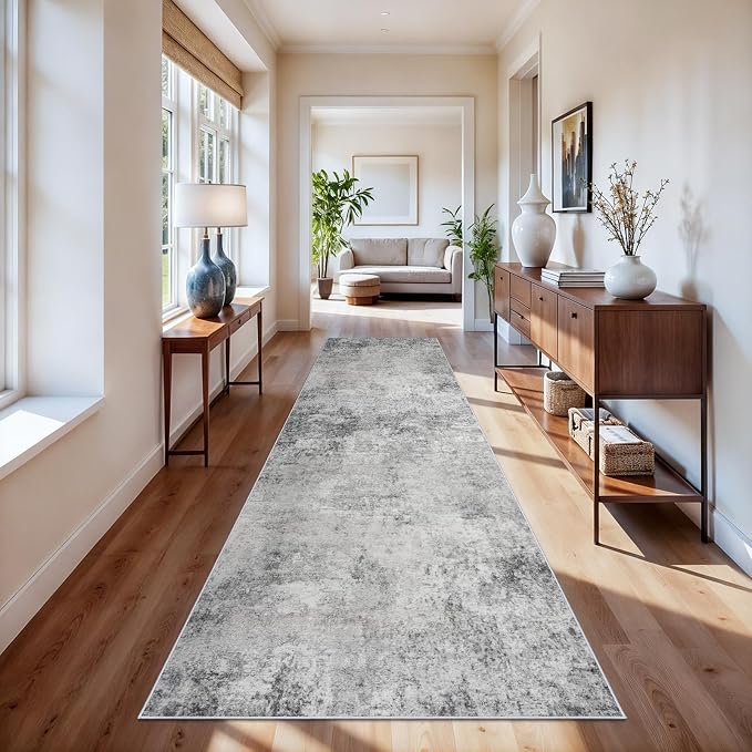 3x14ft Washable Runner Rug for Hallway: Modern Non Slip Wide Carpet for Kitchen Entryway Bathroom - Extra Long Soft Throw Floor Mat Neutral Low Pile Accent Rugs for Boho Home Decor (3x14 Grey)