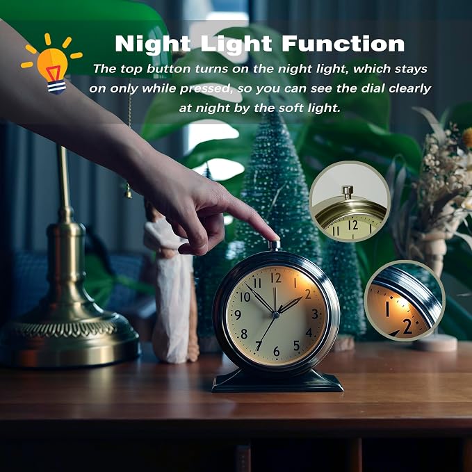 AYRELY® 5.5" Vintage Metal Alarm Clock, Desk and Table Clock for Shelf | Battery Operated Silent Analog Clock with Light for Living Room,Mantel, Bedside and Home Decor (Gold)