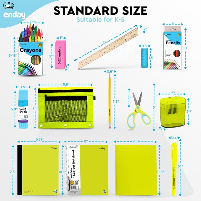Enday Back to School Supplies for Kids, Green School Supply Box Grades K-5, Premium Quality Kids School Supplies Kit, Kindergarten School Supplies for Girls and Boys, 78 Piece Set