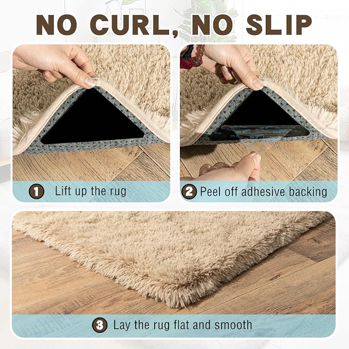 3x5 Area Rug for Bedroom, Soft Rugs for Living Room Nursery Kids Room Dorm Home Decor Aesthetic, Fluffy Shaggy Rug with 4 Anti-Slip Carpet Tapes, Light Tan