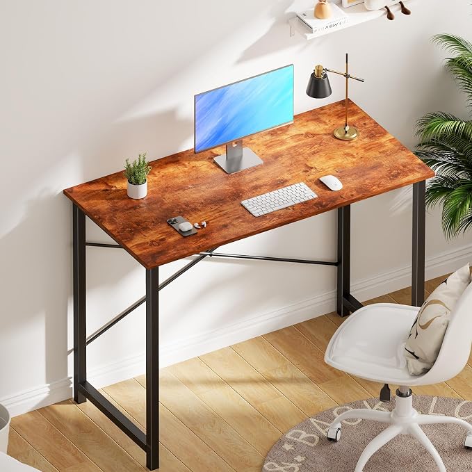 OLIXIS 40 Inch Home Office Desk, Small Computer Gaming Work Table with X-Shaped Reinforcement, Metal Frame Simple Writing Study Table for Bedroom, Rust