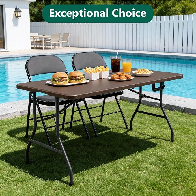 Folding Table 5FT Heavy Duty Plastic Table with Handle, Foldable&Portable, Fold-in-Half Utility Tables for Outdoor, Dining, Wedding, Events, Indoor, Picnic, Camping, Party, Brown