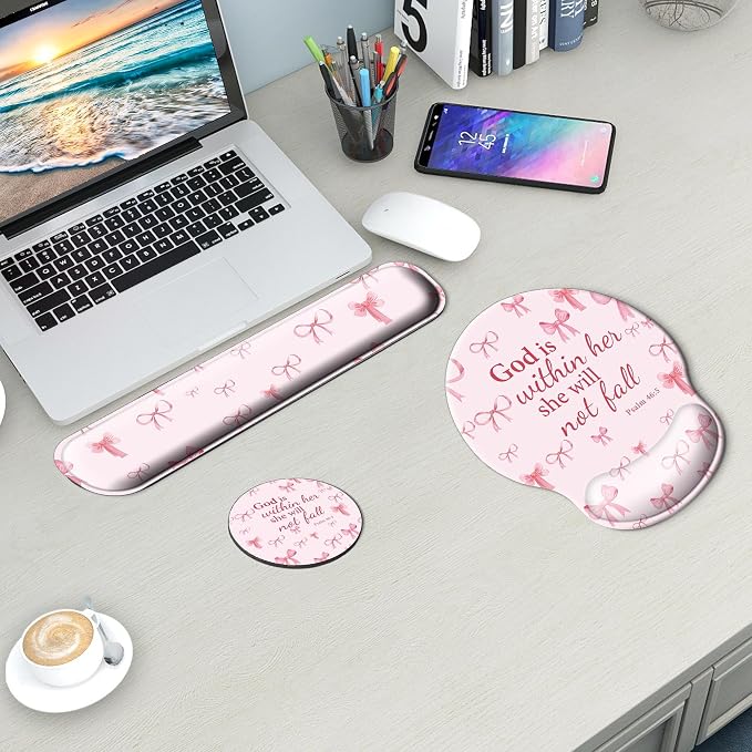 Mouse Pad and Keyboard Wrist Rest Support, with Non-Slip PU Base,Gel Mouse Pad with Coaster,Pain Relief for Gaming, Computer,Office -Pink Bowtie