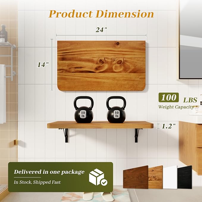 Dogsky Floating Wall Desk, 24" x 14" Wall Mounted Folding Table, Pine Wood Fold Down Wall Table, 100 lb Capacity Wall Mount Desk for Small Apartment, Laundry Room,Kitchen,Bar & Computer,Burning Yellow