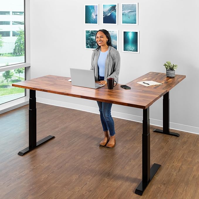 S STAND UP DESK STORE Triple Motor Electric L-Shaped Corner Standing Desk with EZ Assemble Frame (Black Frame/Solid Walnut Top, 71 inch W x 71 inch D)