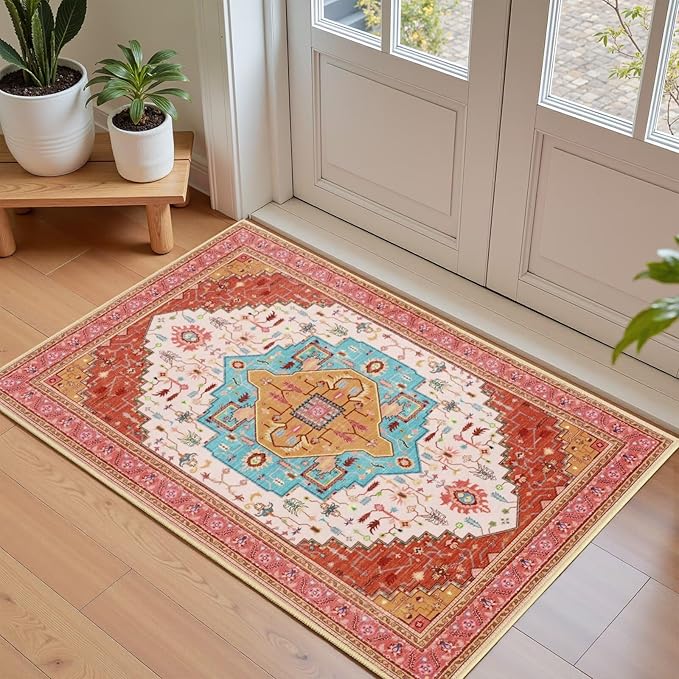 Macgace 2x3 Orange Pink Small Area Rug for Entryway, Soft Washable Rugs with Non-Slip Backing for Bedroom Kitchen, Vintage Throw Carpet Laundry Entry Front Front Door Decor