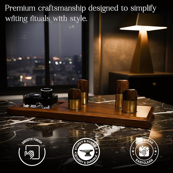 HOMORA Luxury Wooden Desk Pen Stand with Ink Bottle Holder – Premium Executive Office Organizer for Fountain Pens, Calligraphy Pens & Writing Accessories