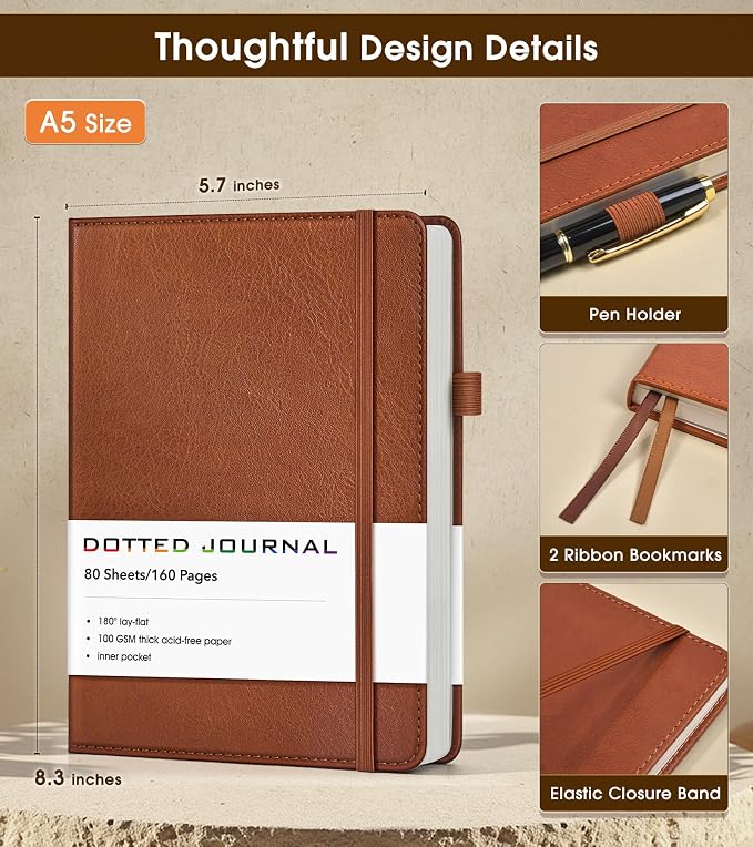 Dotted Journal Notebook, A5 Leather Hardcover, 160 Pages, 180° Lay-Flat Binding, 100 GSM Thick Paper, Dot Grid for Bullet Journaling, Planning & Daily Organization (Brown)