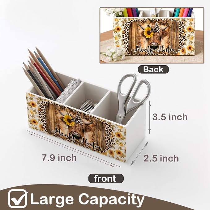 Leopard Highland Cow Wooden Pen Holder for Desk, Highland Cow Gifts for Women, Rustic Heifer Pencil Organizer Wooden Box Sign for Girls Bedroom Home Office Decoration