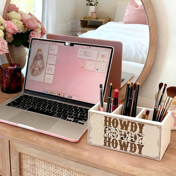Western Pen Pencil Holder for Desk, Cowboy Gifts, Cowgirl Gifts for Women, Western Office Decor, Retro Country Howdy Southwestern Wooden Box Sign Decorations for Home Office Desk Tabletop