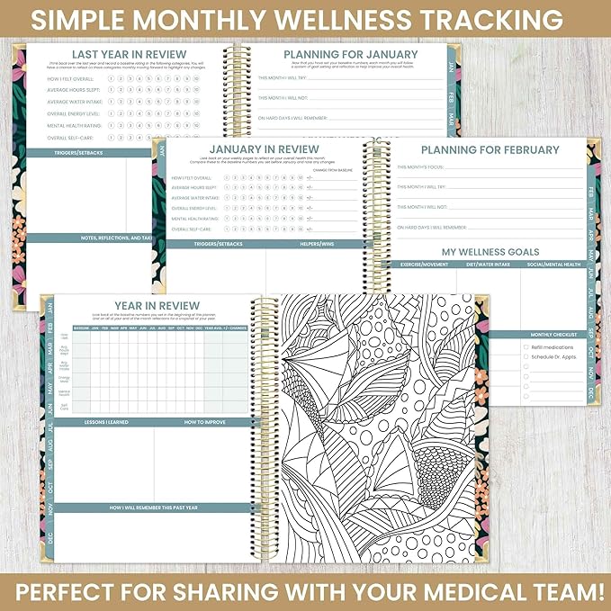 bloom daily planners Undated Chronic Illness Planner & Medical Journal - 12 Month Pain & Symptom Tracker, Mood & Medication Log, Appointment Organizer (7” x 9”) - Chronically Resilient