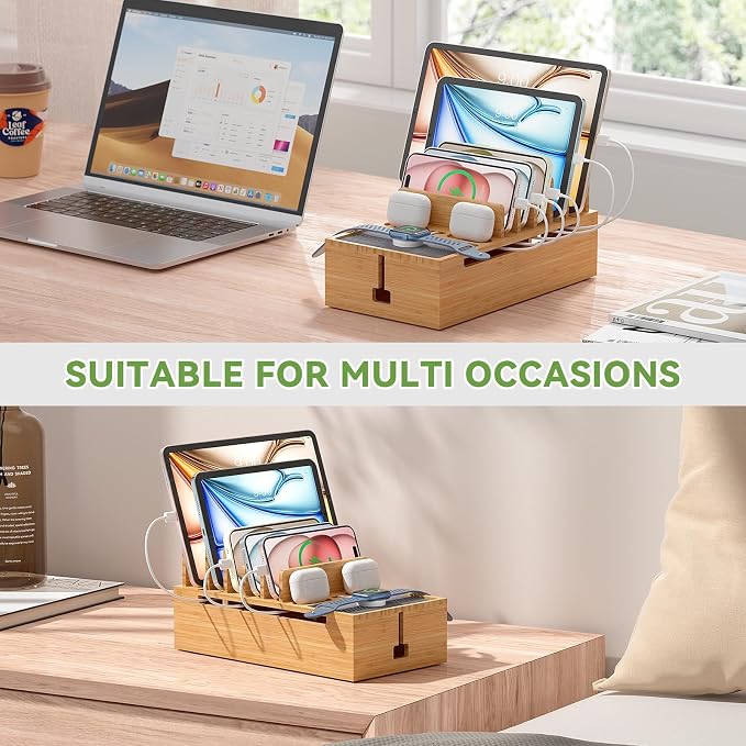 Pezin & Hulin Bamboo Charging Stand Rack, No Power Adapter Supply -Natural | Wooden Charge Box for Mobile Phones, Tablets, Smart Watch and Earbuds, Wire Cable Organizer Box, Bedside Dock Stand Holder